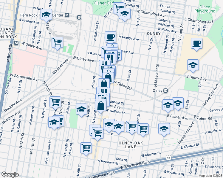 map of restaurants, bars, coffee shops, grocery stores, and more near 5408 North Lawrence Street in Philadelphia