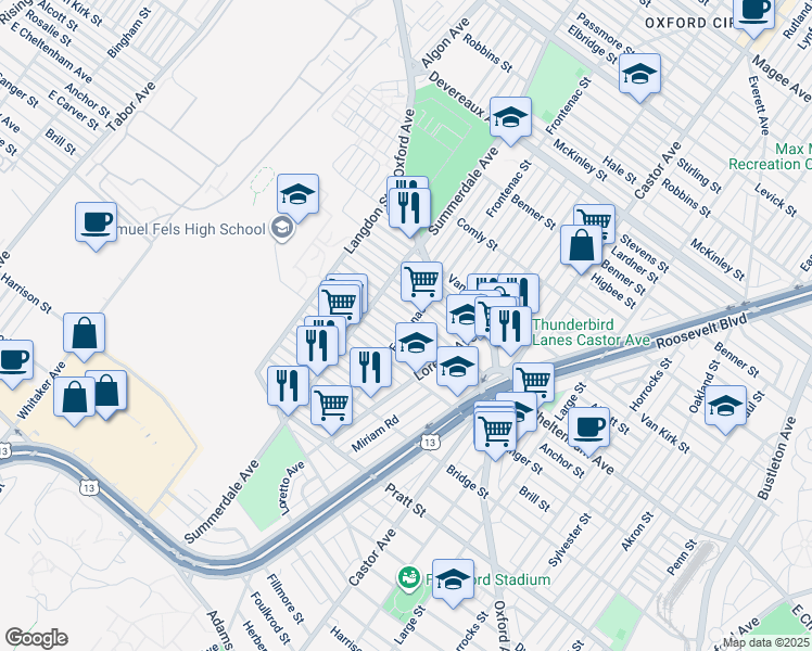 map of restaurants, bars, coffee shops, grocery stores, and more near 943 Anchor Street in Philadelphia