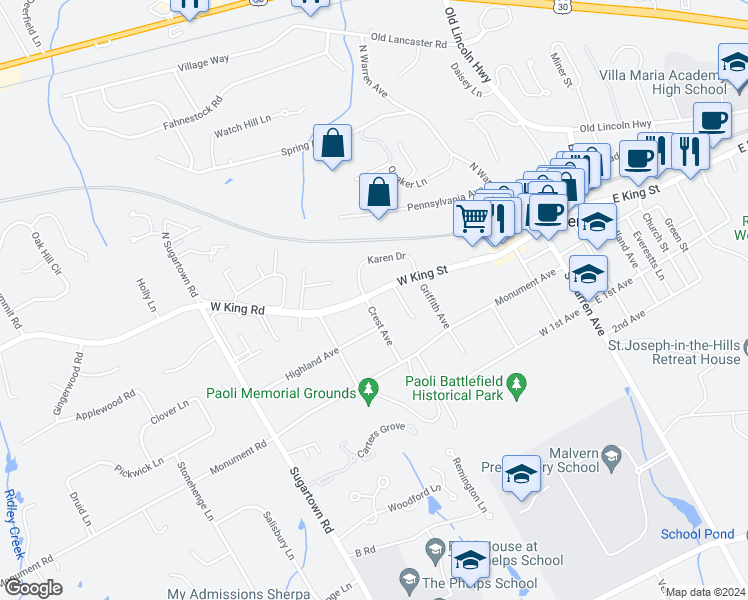 map of restaurants, bars, coffee shops, grocery stores, and more near 3 Crest Avenue in Malvern