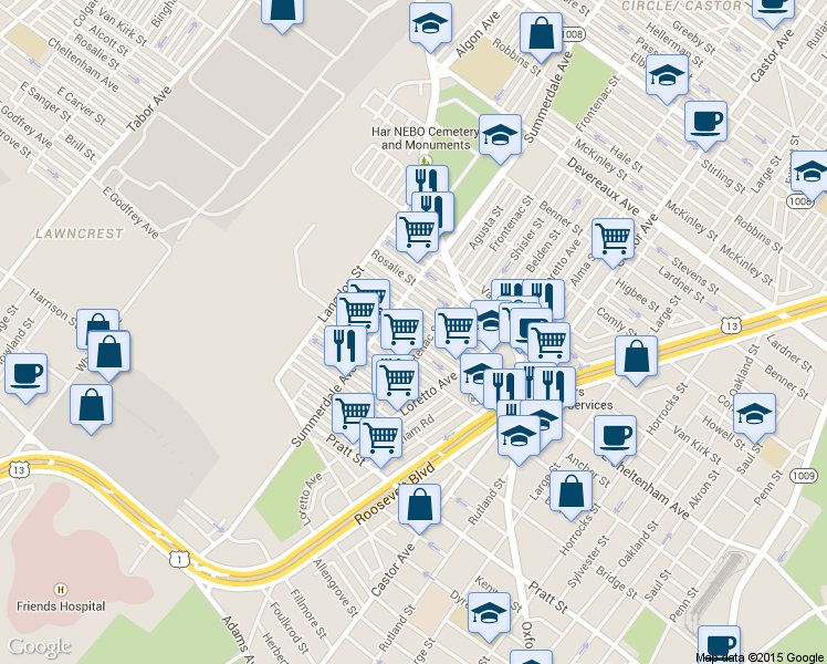 map of restaurants, bars, coffee shops, grocery stores, and more near 930 Anchor Street in Philadelphia
