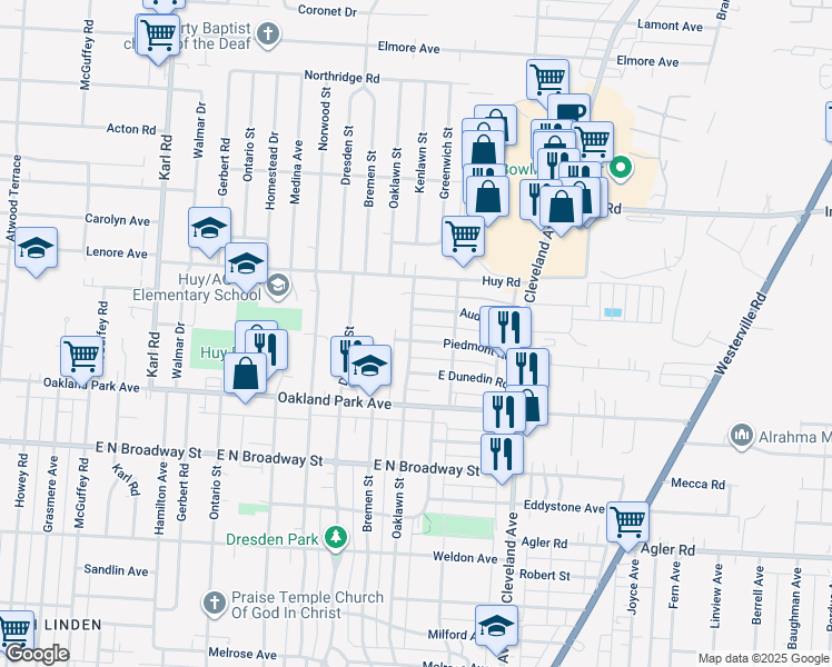 map of restaurants, bars, coffee shops, grocery stores, and more near 1688 Piedmont Road in Columbus