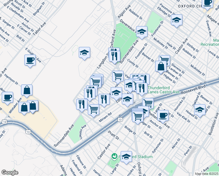 map of restaurants, bars, coffee shops, grocery stores, and more near 930 Anchor Street in Philadelphia