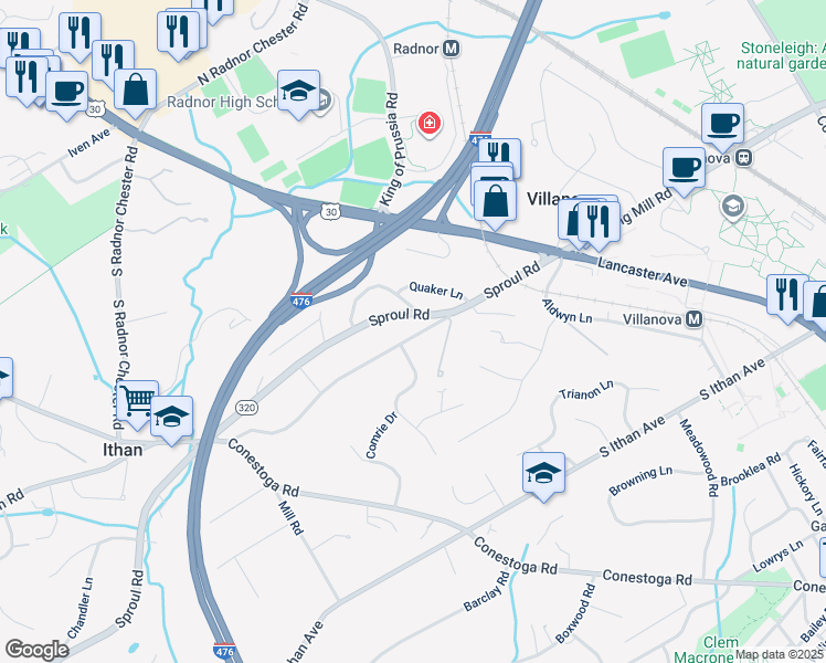 map of restaurants, bars, coffee shops, grocery stores, and more near 120 South Spring Mill Road in Villanova