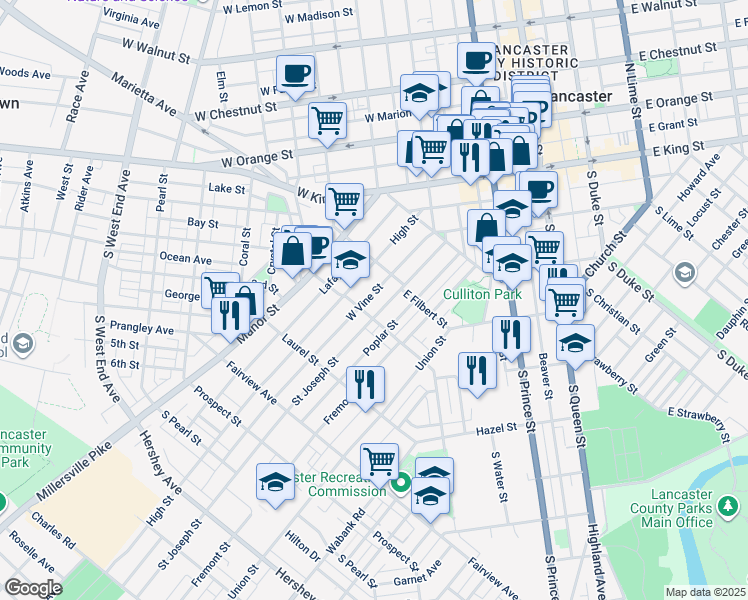 map of restaurants, bars, coffee shops, grocery stores, and more near 536 West Vine Street in Lancaster