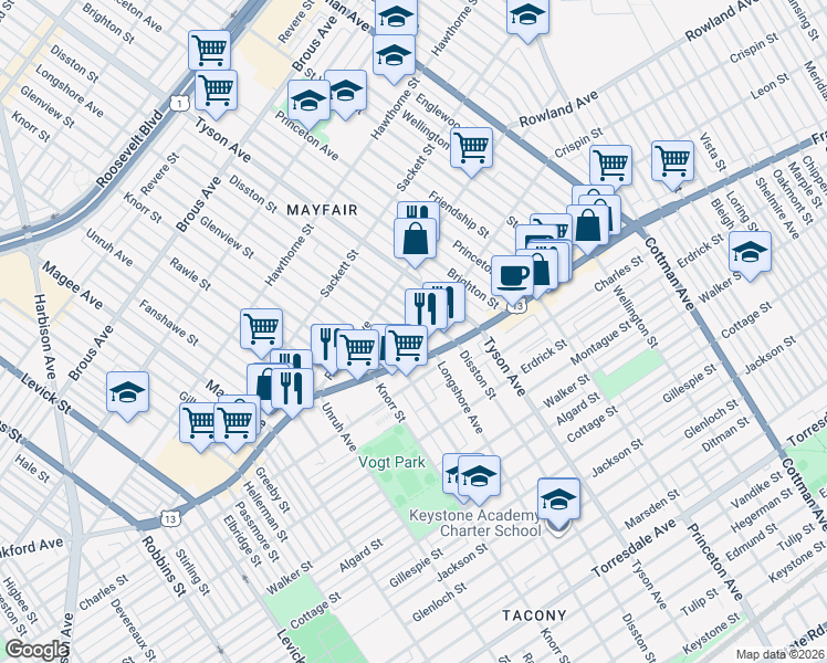 map of restaurants, bars, coffee shops, grocery stores, and more near 3351 Longshore Avenue in Philadelphia