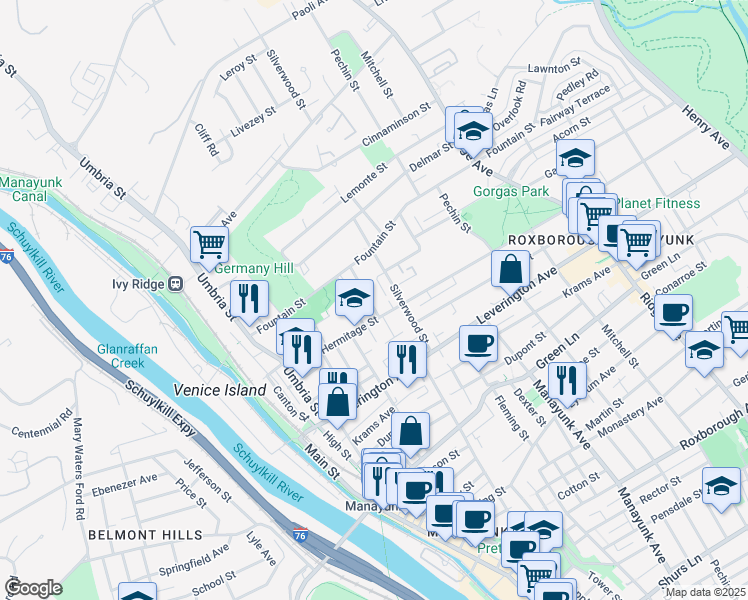 map of restaurants, bars, coffee shops, grocery stores, and more near 4711 Sheldon Street in Philadelphia