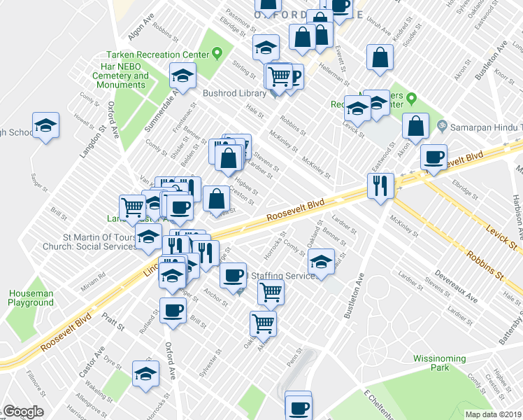 map of restaurants, bars, coffee shops, grocery stores, and more near 6000 Roosevelt Boulevard in Philadelphia