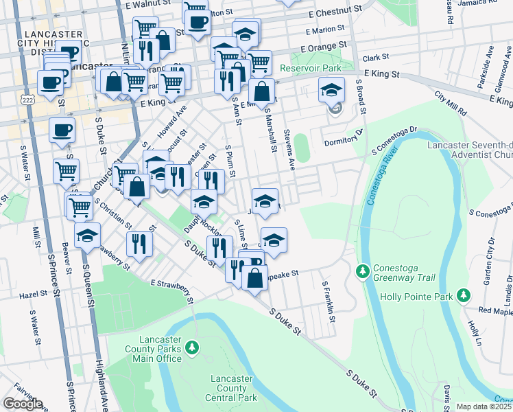map of restaurants, bars, coffee shops, grocery stores, and more near 523 Juniata Street in Lancaster