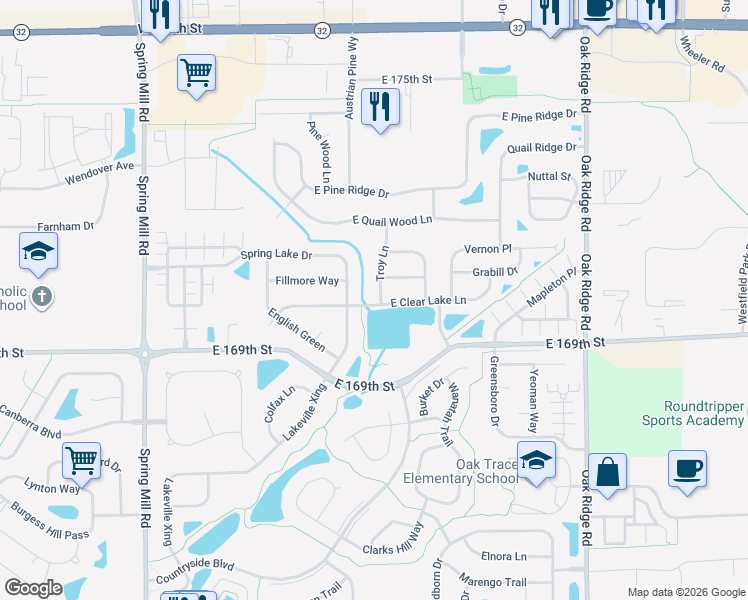 map of restaurants, bars, coffee shops, grocery stores, and more near 17002 Troy Lane in Westfield