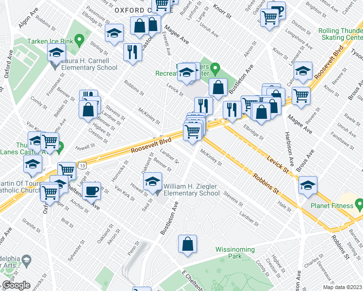 map of restaurants, bars, coffee shops, grocery stores, and more near 1915 Devereaux Avenue in Philadelphia