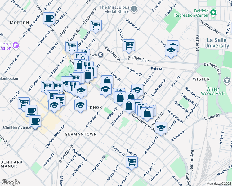 map of restaurants, bars, coffee shops, grocery stores, and more near 34 East Coulter Street in Philadelphia