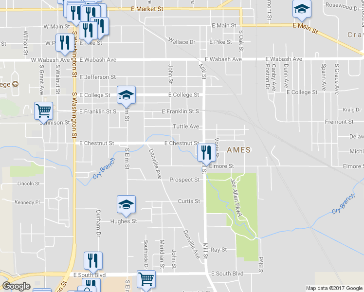 map of restaurants, bars, coffee shops, grocery stores, and more near 709 East Chestnut Street in Crawfordsville