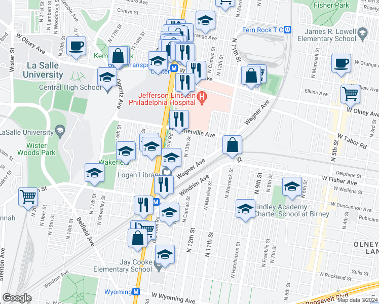 map of restaurants, bars, coffee shops, grocery stores, and more near 5305 North 13th Street in Philadelphia