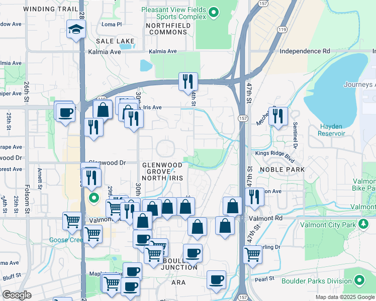 map of restaurants, bars, coffee shops, grocery stores, and more near 3363 O'Neal Parkway in Boulder