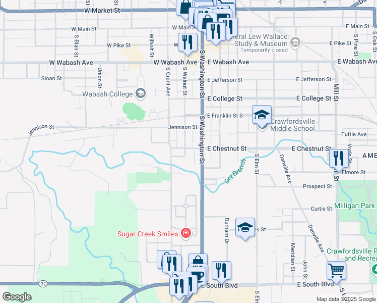 map of restaurants, bars, coffee shops, grocery stores, and more near 115 West Chestnut Street in Crawfordsville