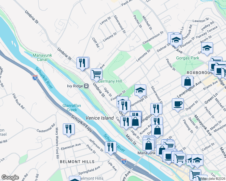 map of restaurants, bars, coffee shops, grocery stores, and more near 4833 Ogle Street in Philadelphia