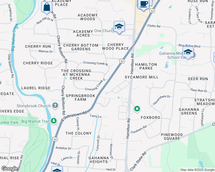 map of restaurants, bars, coffee shops, grocery stores, and more near 600 East Johnstown Road in Gahanna