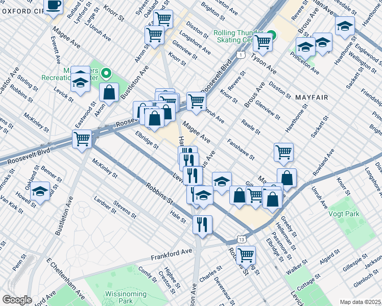 map of restaurants, bars, coffee shops, grocery stores, and more near 2811 Hellerman Street in Philadelphia