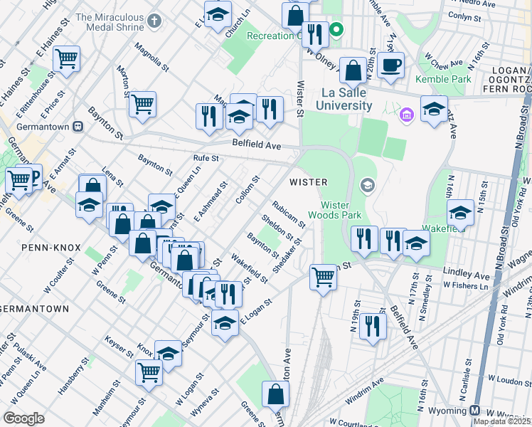 map of restaurants, bars, coffee shops, grocery stores, and more near 4999 Sheldon Street in Philadelphia