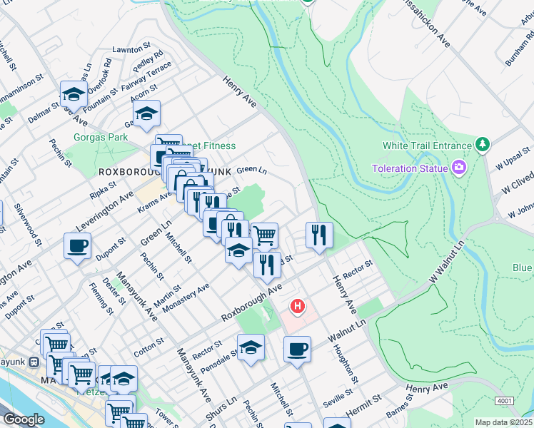 map of restaurants, bars, coffee shops, grocery stores, and more near 589 Martin Street in Philadelphia