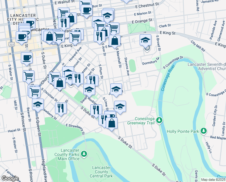 map of restaurants, bars, coffee shops, grocery stores, and more near 359 South Ann Street in Lancaster