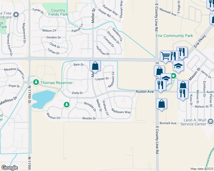 map of restaurants, bars, coffee shops, grocery stores, and more near 547 Mathews Circle in Erie