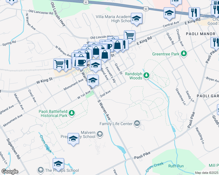 map of restaurants, bars, coffee shops, grocery stores, and more near 234 Woodland Avenue in Malvern