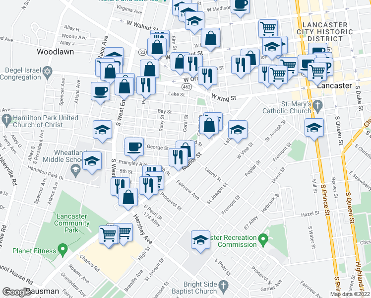 map of restaurants, bars, coffee shops, grocery stores, and more near 317 Coral Street in Lancaster