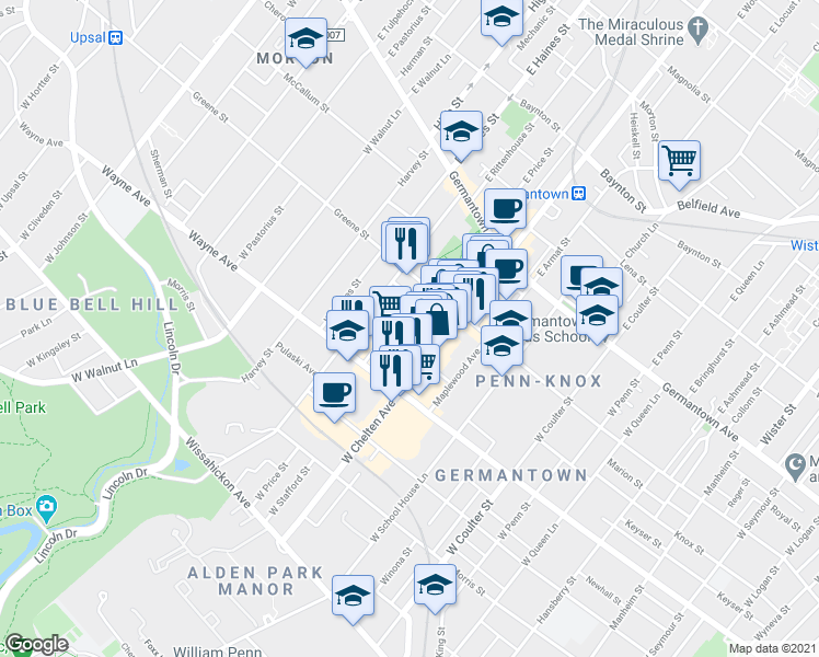map of restaurants, bars, coffee shops, grocery stores, and more near 5735 Knox Street in Philadelphia