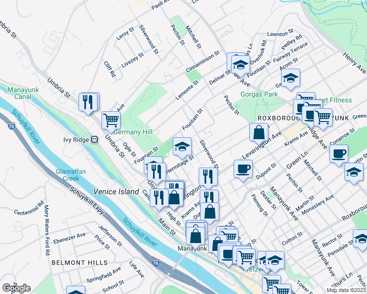 map of restaurants, bars, coffee shops, grocery stores, and more near 4723 Fowler Street in Philadelphia