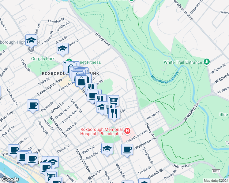 map of restaurants, bars, coffee shops, grocery stores, and more near 589 Martin Street in Philadelphia