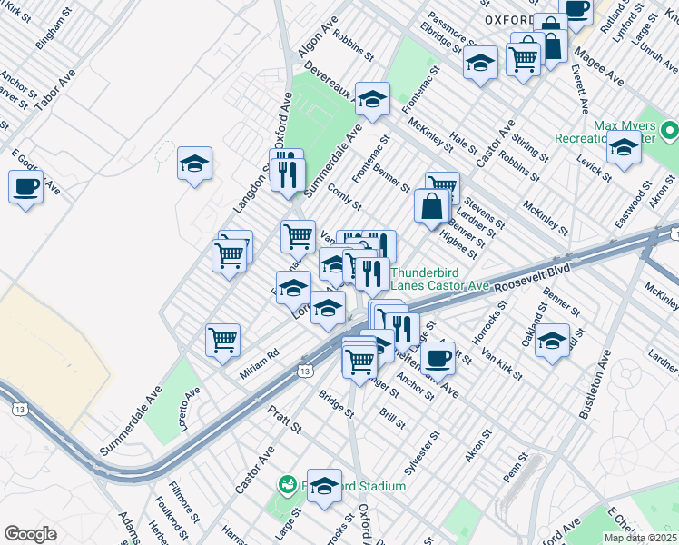 map of restaurants, bars, coffee shops, grocery stores, and more near 5810 Oxford Avenue in Philadelphia