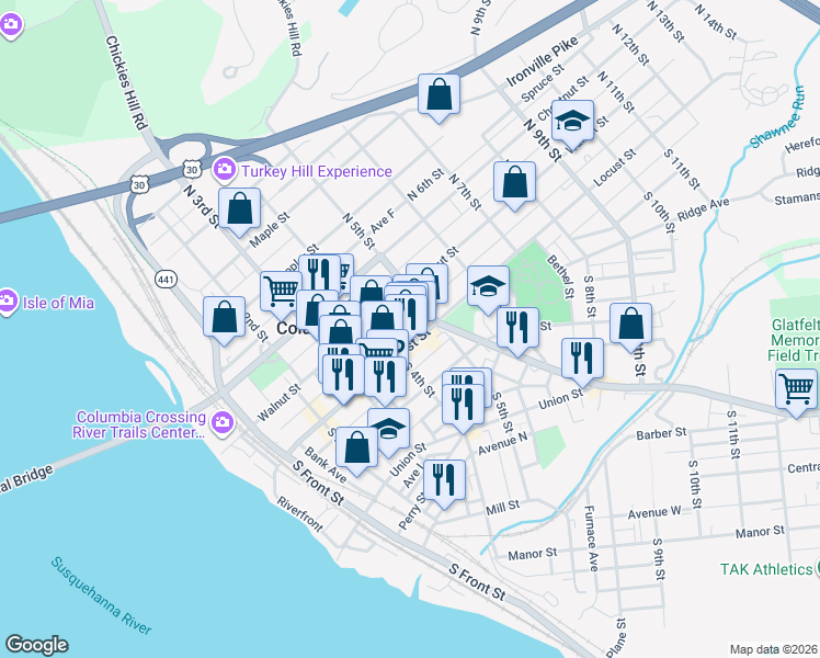 map of restaurants, bars, coffee shops, grocery stores, and more near 458 Locust Street in Columbia