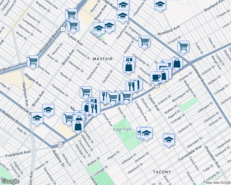 map of restaurants, bars, coffee shops, grocery stores, and more near 3311 Glenview Street in Philadelphia