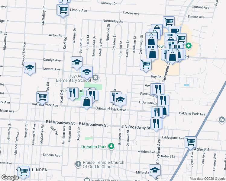 map of restaurants, bars, coffee shops, grocery stores, and more near 3269 Dresden Street in Columbus