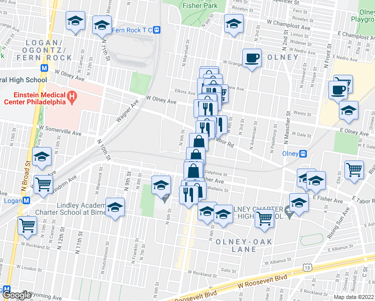 map of restaurants, bars, coffee shops, grocery stores, and more near 5400 N Fairhill St in Philadelphia