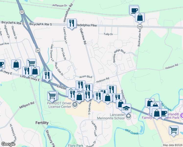 map of restaurants, bars, coffee shops, grocery stores, and more near 75 Acorn Boulevard in Lancaster