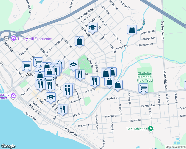 map of restaurants, bars, coffee shops, grocery stores, and more near 208 South 8th Street in Columbia