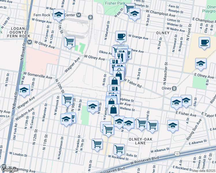 map of restaurants, bars, coffee shops, grocery stores, and more near 5400 N Fairhill St in Philadelphia