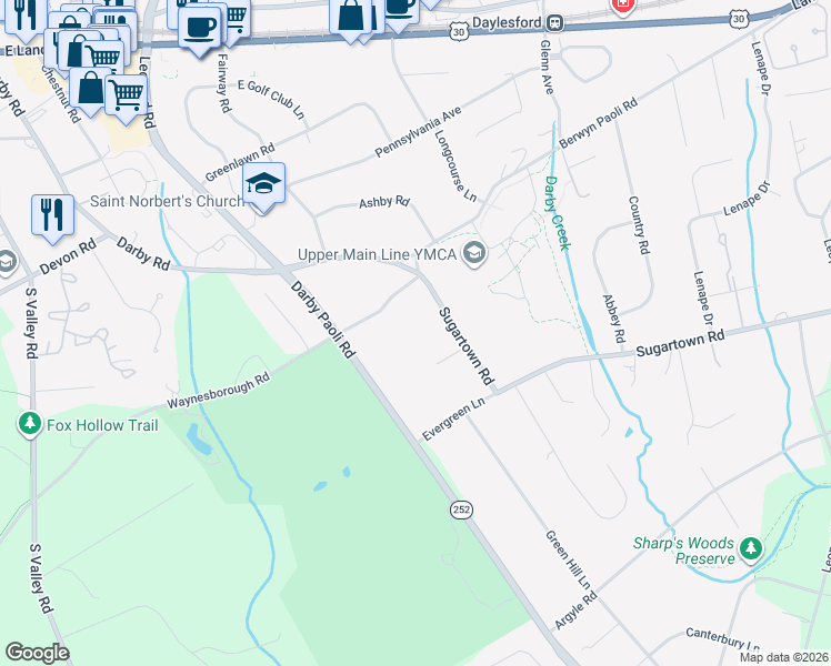 map of restaurants, bars, coffee shops, grocery stores, and more near 319 Darby Paoli Road in Paoli