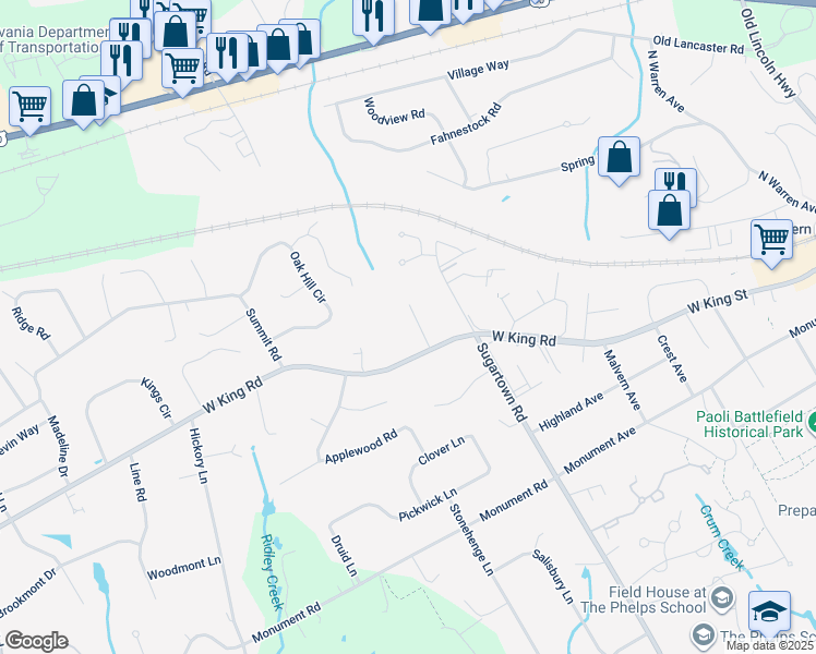 map of restaurants, bars, coffee shops, grocery stores, and more near 5 Holly Lane in Malvern