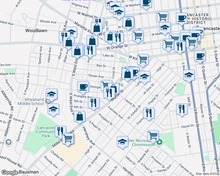 map of restaurants, bars, coffee shops, grocery stores, and more near 323 Coral Street in Lancaster