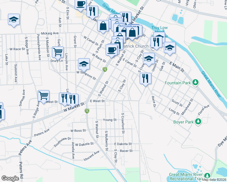 map of restaurants, bars, coffee shops, grocery stores, and more near 518 South Mulberry Street in Troy