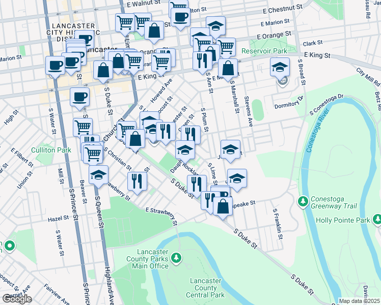 map of restaurants, bars, coffee shops, grocery stores, and more near 602 South Lime Street in Lancaster