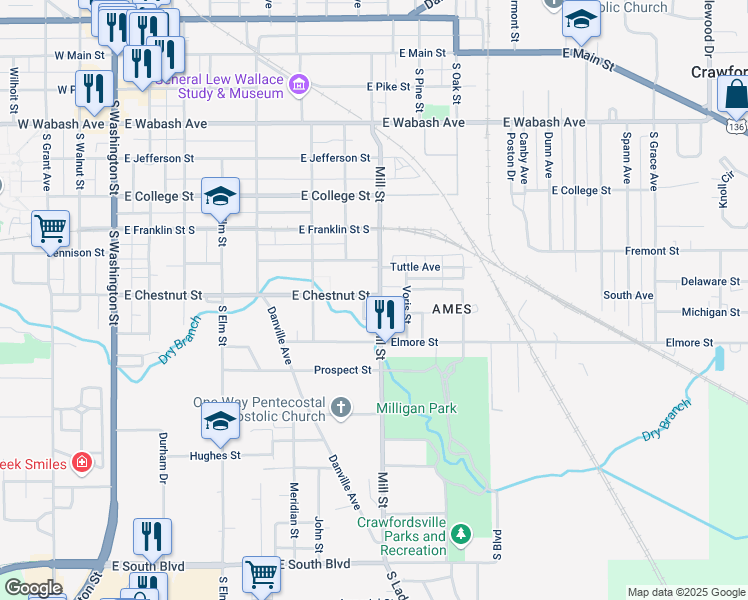 map of restaurants, bars, coffee shops, grocery stores, and more near 803 Mill Street in Crawfordsville
