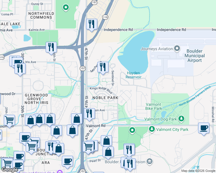 map of restaurants, bars, coffee shops, grocery stores, and more near 4832 Baldwin Place in Boulder