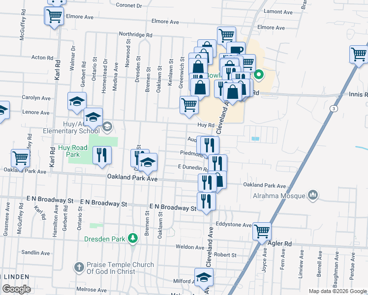 map of restaurants, bars, coffee shops, grocery stores, and more near 1740 Piedmont Road in Columbus