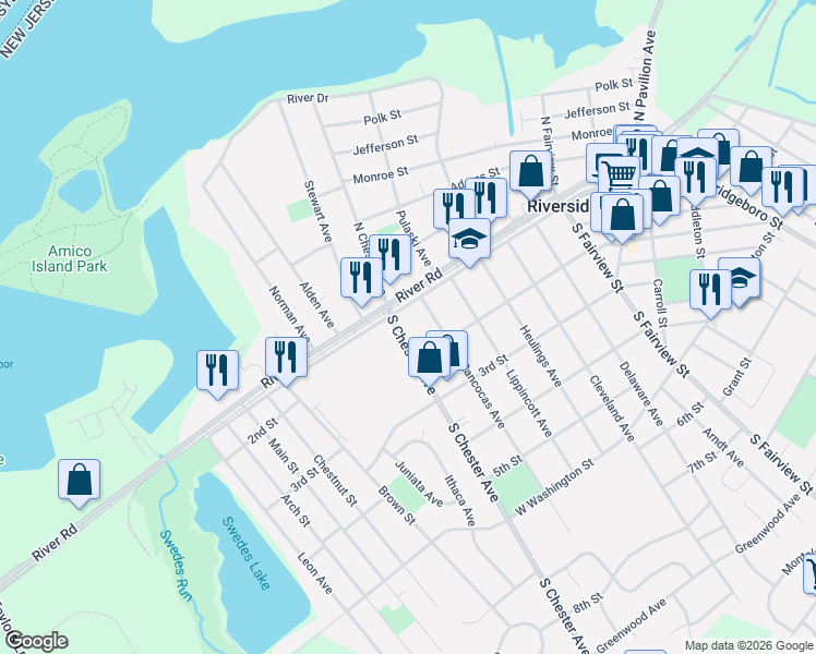 map of restaurants, bars, coffee shops, grocery stores, and more near 117 South Chester Avenue in Riverside
