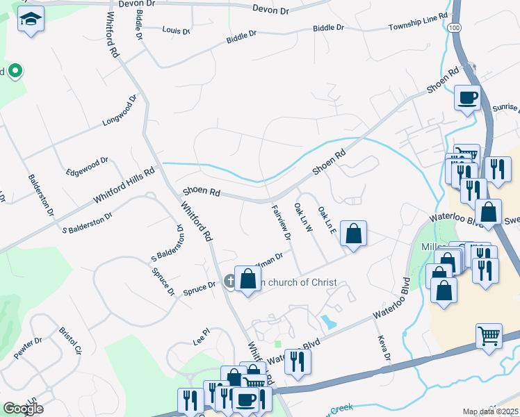 map of restaurants, bars, coffee shops, grocery stores, and more near 308 Shoen Road in Exton