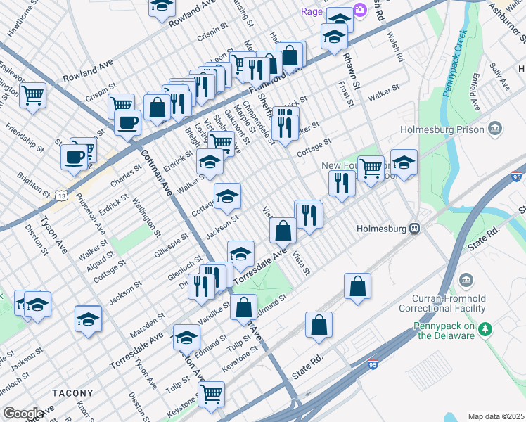 map of restaurants, bars, coffee shops, grocery stores, and more near 4514 Vista Street in Philadelphia